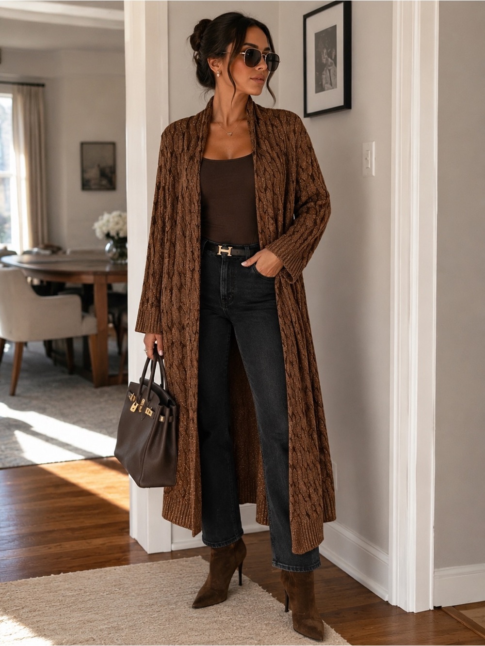 St John Brown Cable Knit Duster Cardigan with sheen
